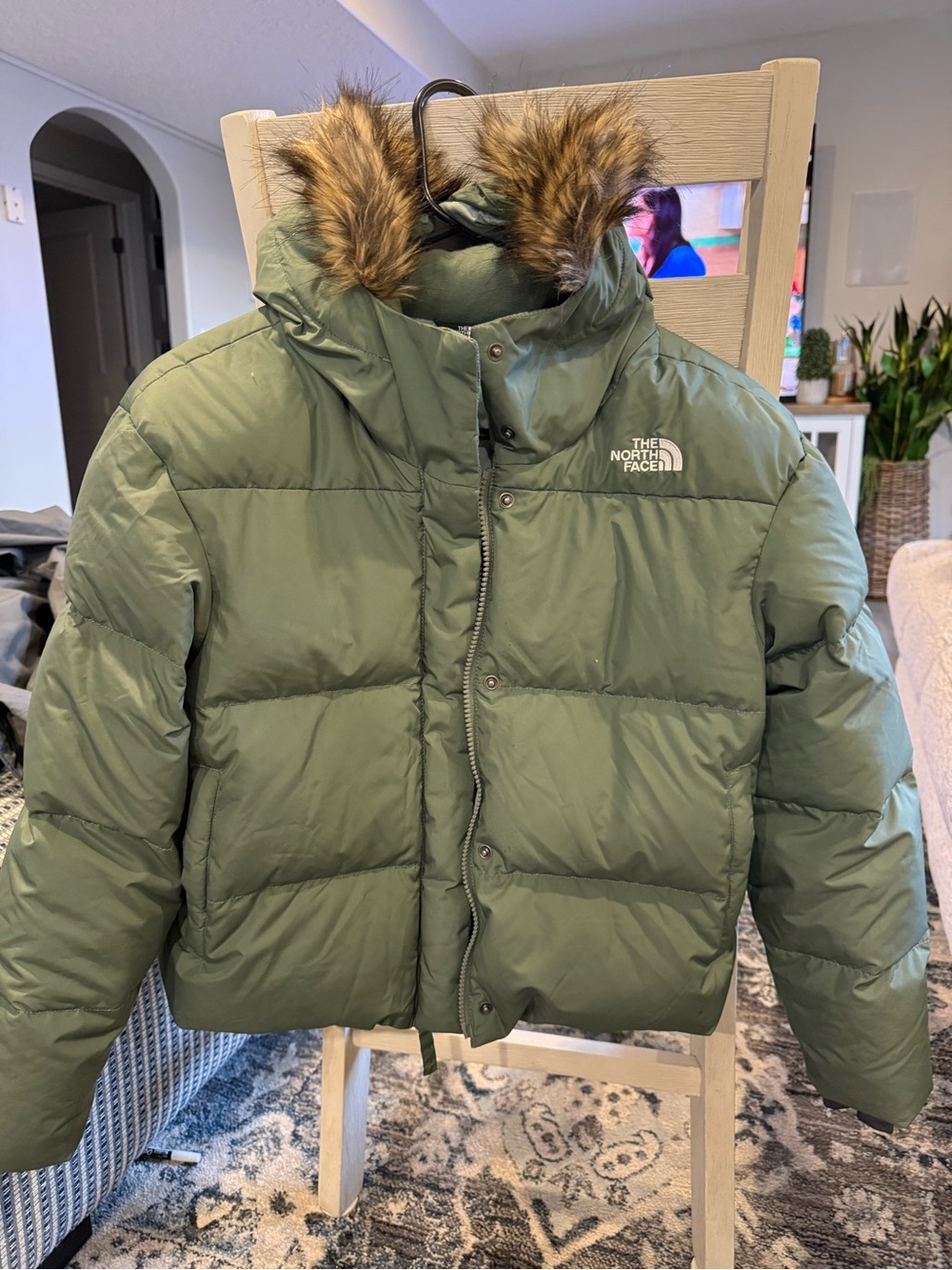 The North Face Kids Olive Green Puffer Jacket with Faux-Fur Trim Hood